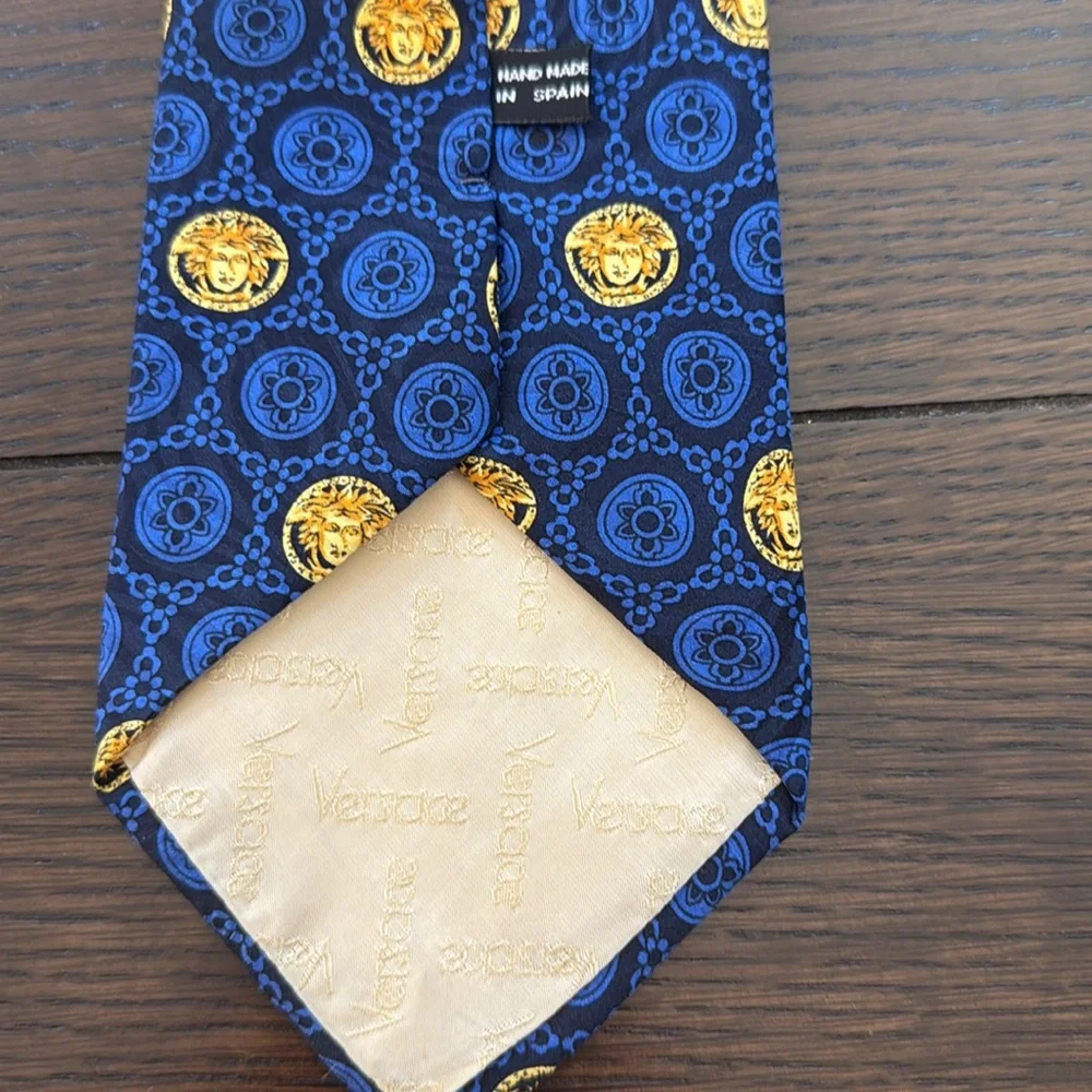 Gianni Versace Vintage Blue with Gold Medusa Print Silk Tie